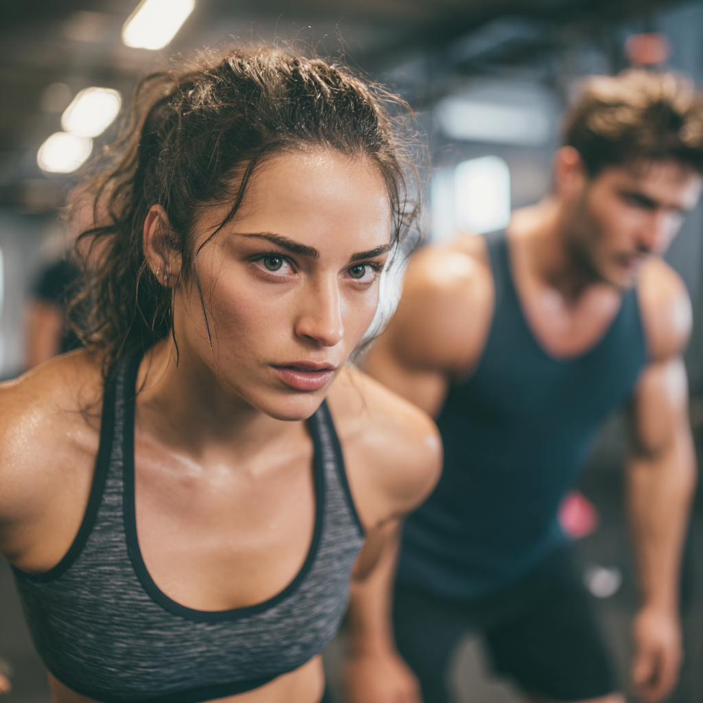 Happy Romanian adults engaging in core strength training exercises in a modern fitness studio